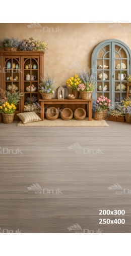 Tło fotograficzne rustykalne z witrynami i wiosennymi kwiatami | E596